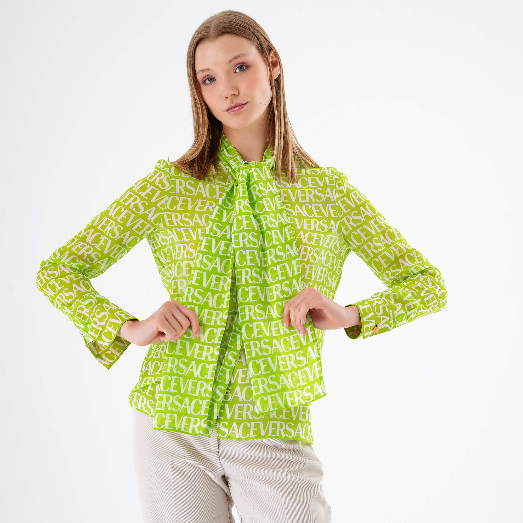 Versace - Logo Printed Silk Chiffon Blouse in Green IT42